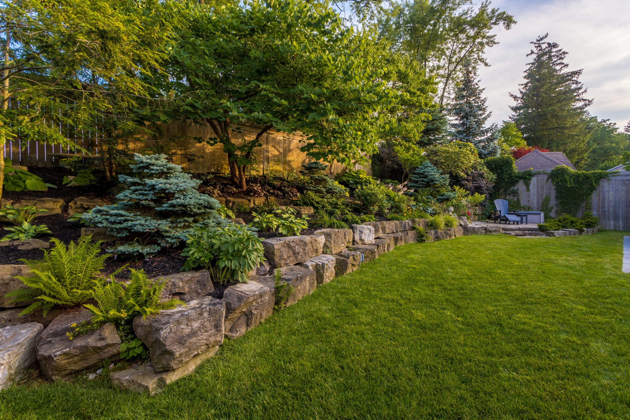 Lush green garden with trees and stone retaining wall.