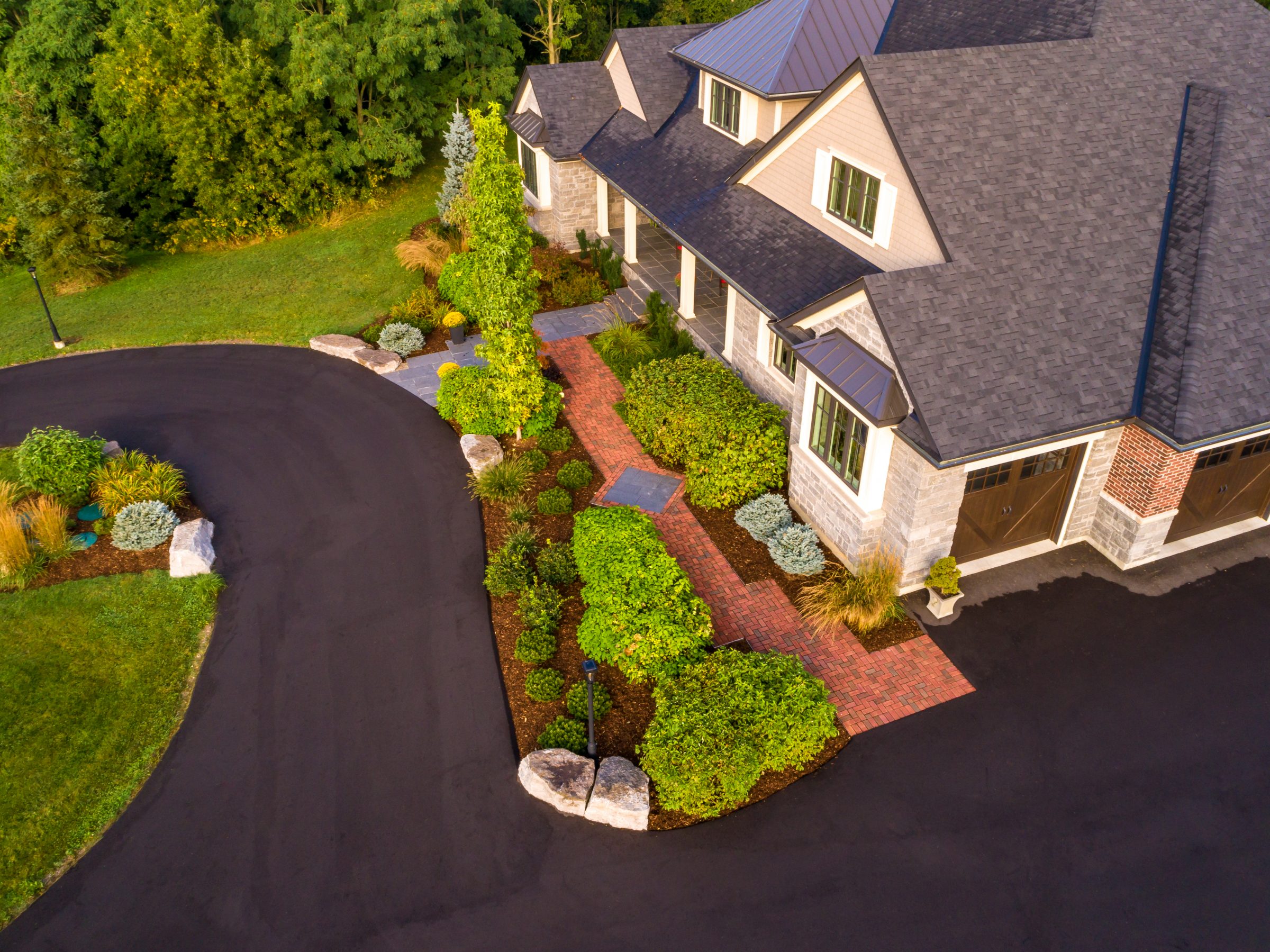 Aerial view of modern home with landscaped garden