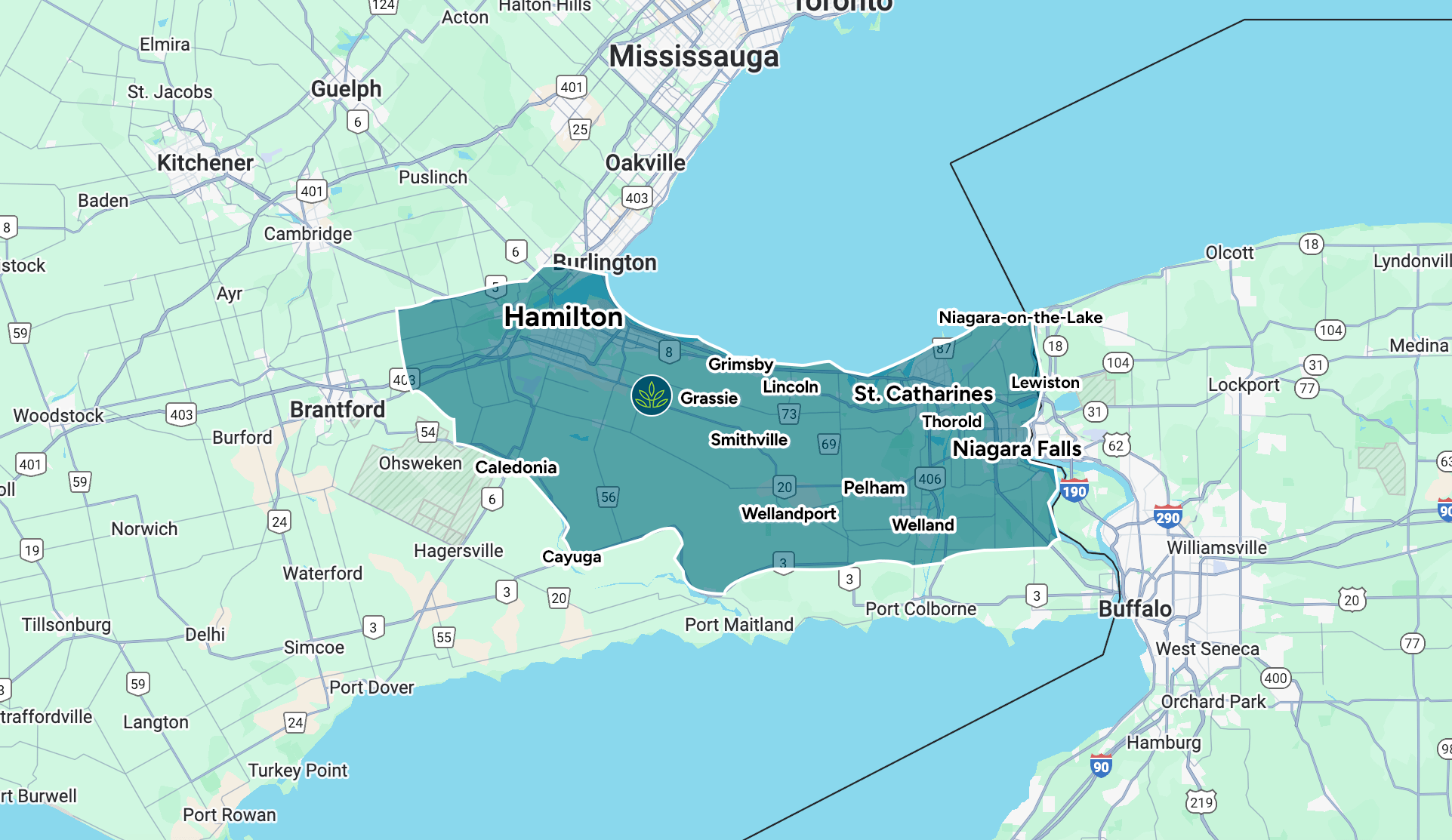 Map showing Hamilton to Niagara Falls region.